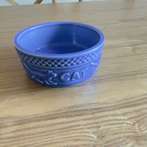 Longaberger Blue Cat Bowl Stoneware Pet Dish Embossed 'CAT' USA 5"